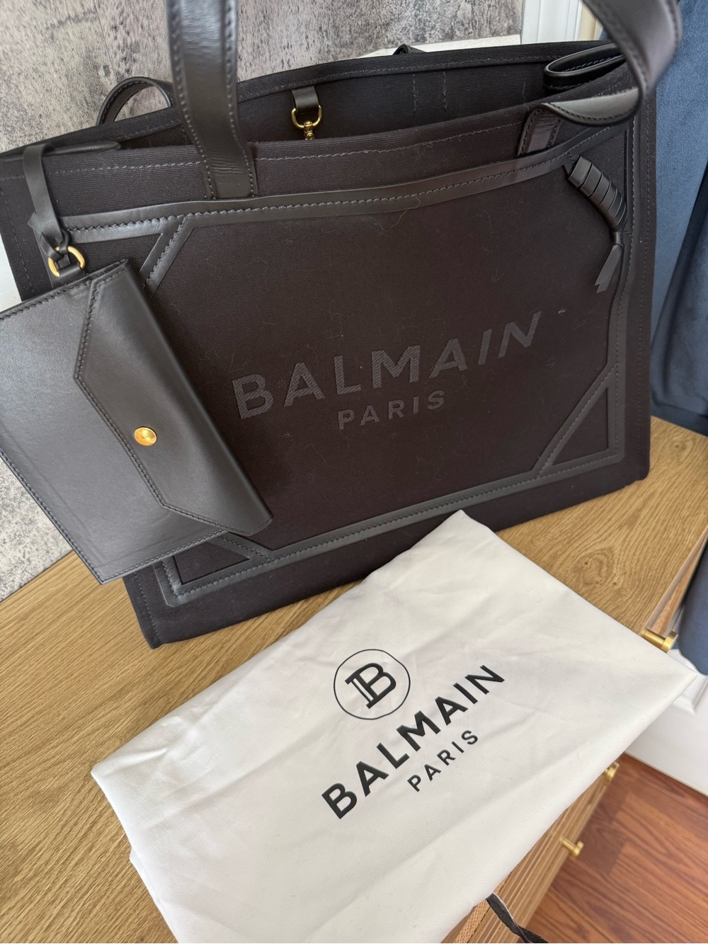 Balmain Black Canvas & Leather Laptop Tote with Pouch